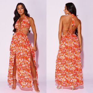 Floral Print Sleeveless V-Neck Halter Neck Backless Front Slit Cutout Maxi Dress